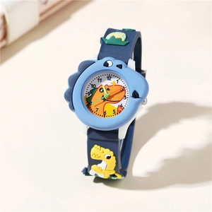 Kids cartoon dinosaur watch with dark blue silicone strap and 3D yellow dinosaur charms