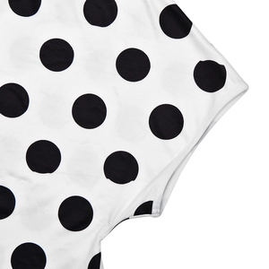 Close-up of white fabric with black polka dots showing smooth texture and high-quality print
