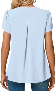 Detail of light blue chiffon shirt featuring petal sleeves and back pleat design