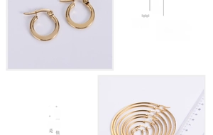 Macro detail of multi-size gold plated hoop earrings with snap closure for women
