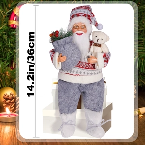 Detail of 14-inch Santa doll with grey sweater, red striped hat and a white bear mascot