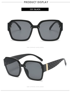 Detail view of black square sunglasses with textured lattice arms and gold accents