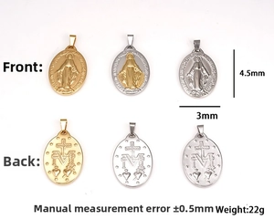 Macro detail of 18K gold stainless steel Virgin Mary oval pendant with dimensions and weight