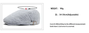 Size chart for gray newsboy hat showing adjustable head size 54-59cm and 90g weight