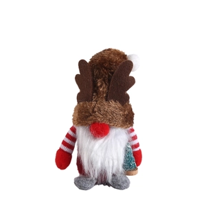 Christmas reindeer gnome doll with plaid hat holding a mini tree on white background