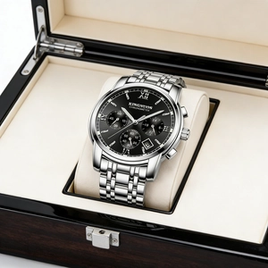 Close-up view of a silver men's stainless steel watch with a black dial in a premium wood box