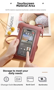 Detail of pink PU leather crossbody phone bag with transparent touch screen and card slots