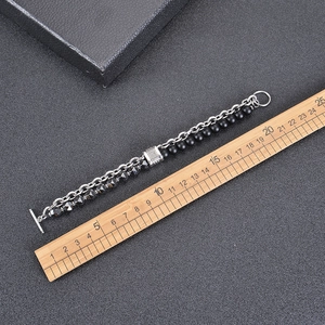 Men's double-layer bracelet with black matte stones and stainless steel chain with T-bar clasp