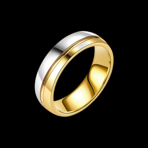Detailed view of bicolor silver and gold polished titanium steel ring on black background