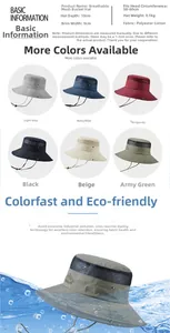 Detail view of breathable mesh outdoor sun hat showing size specs and color variations