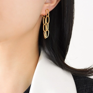 Bohemian gold chain drop earrings in titanium steel for women worn by a model