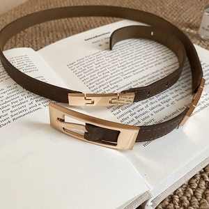 Detail of slim brown leather belt with gold buckle resting on a vintage book