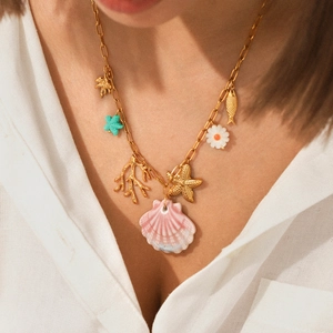 Starfish Shell Pendant Necklace Stainless Steel Marine Theme Summer Beach Enamel Jewelry For Women