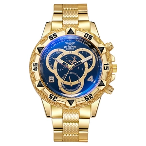 Montre quartz homme avec cadran bleu, bracelet en acier doré et design à trois cadrans