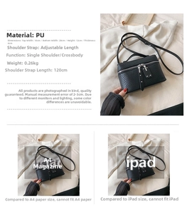 Detailed size comparison and specifications for black PU leather vanity crossbody bag