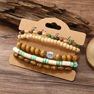 Retro multi-layer wooden bead bracelet set with vintage sunflower charm in boho style