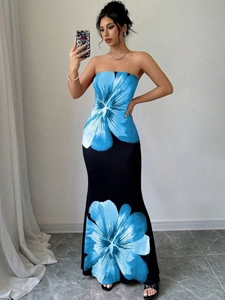 Vestito Maxi Con Stampa Floreale Senza Spalline Schiena Scoperta Vestibilità Aderente Estate Vacanze Spiaggia Vestito Lungo Per Donna