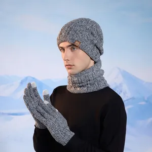 Winter 3-piece knit set with hat, scarf and gloves in grey melange for outdoor warmth