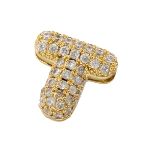 Detailed close-up of golden bubble letter T pendant with micro-paved 5A cubic zirconia