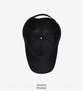 Detail view of cotton baseball cap interior featuring stitching and metal buckle strap