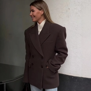 Women double-breasted oversized blazer in dark brown with padded shoulders and notched lapel