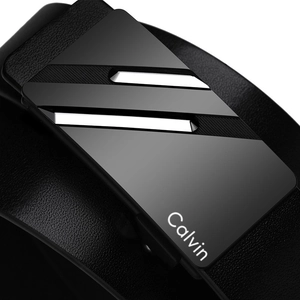 Macro shot of black alloy automatic buckle with sleek polished stripes and leather texture