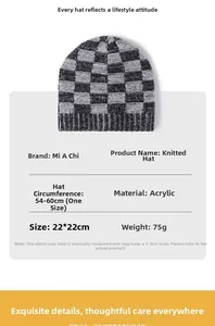 Detail view of acrylic knitted beanie with checkerboard pattern and sizing specifications