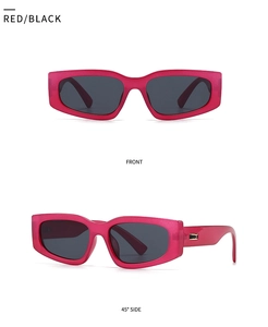 Retro rose red rectangle sunglasses with dark lenses and front-side view perspective