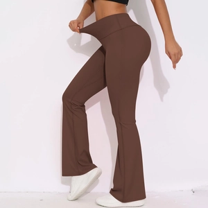 Detail view of high waist flared yoga pants showing butt lifting effect and brown fabric