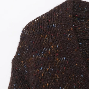 Retro V-neck mixed yarn knit cardigan sweater with colorful flecks in dark brown shade