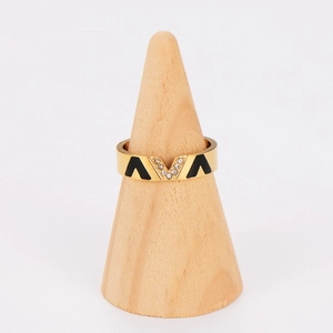 Minimalist gold-plated V-shaped ring with white zircons and black enamel accents