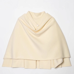 Chic cream white fleece cape coat with single button and elegant pleated hem for women