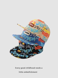 Detailed stack of flat brim hip-hop hats with colorful smile graffiti and leather patches