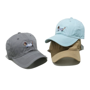 Baseball cap with cartoon dachshund embroidery in gray, blue, and khaki colors