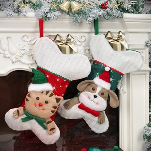 Christmas Stocking Bone Shaped Knit Polyester Cat Dog Cartoon Hanging Decoration Pet Theme Fireplace Party Ornament