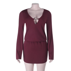 Sexy deep V-neck long sleeve burgundy mini dress with silver ring detail and slim fit
