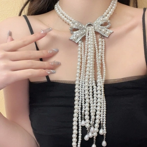 Multi Layer Faux Artificial Pearl Necklace Rhinestone Bowknot Long Tassels Bridal Wedding Statement Elegant Jewelry Women