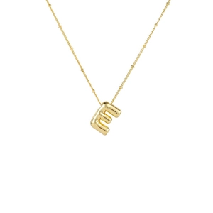 Detail einer goldenen E-Anhänger-Halskette im Bubble-Design mit Satellitenkette