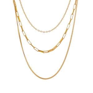 Three-layer 18K gold plated stainless steel necklace with paperclip and box chain