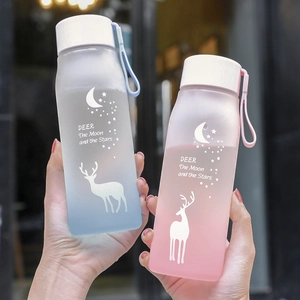 Frosted gradient plastic water bottles in blue and pink with deer patterns and straps
