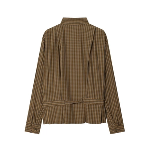 Back view of brown plaid casual shirt featuring back pleats and waist strap detail