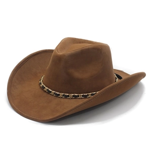 Brown faux leather western cowboy hat with golden chain band and curved wide brim