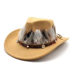 Detail of western wool fedora with woven band, feathers, and metal coins in camel color