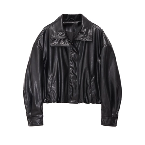 Women Faux Leather Jacket Stand Collar PU Aviator Bomber Coat Loose Long Sleeve Casual Moto Streetwear Solid Color
