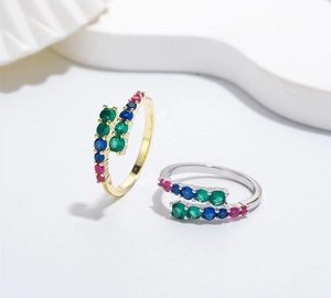 Detail of S925 silver open ring featuring colorful zircon stones in gold and silver finish