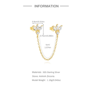 Detail of s925 gold crown earring with chains, AAAAA zircons and size markings