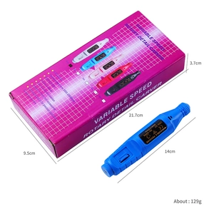 Detail view of portable blue nail drill with USB power cable and original packaging box