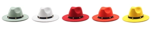 Detail of wool fedora hats with gold rivet decor and black leather band in five colors