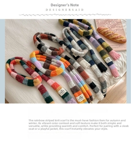 Detail of colorful rainbow striped knit scarves with fabric label on soft white surface