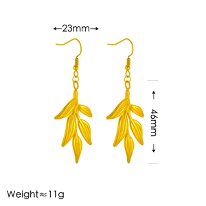 Golden leaf tassel earrings with 46mm length and 23mm width specifications shown